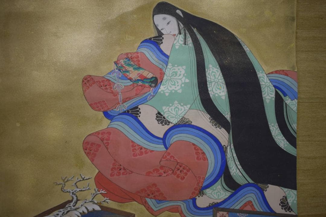 模写/鏑木清方/紫式部/画賛/盆栽/人物図/布袋屋掛軸HJ-31