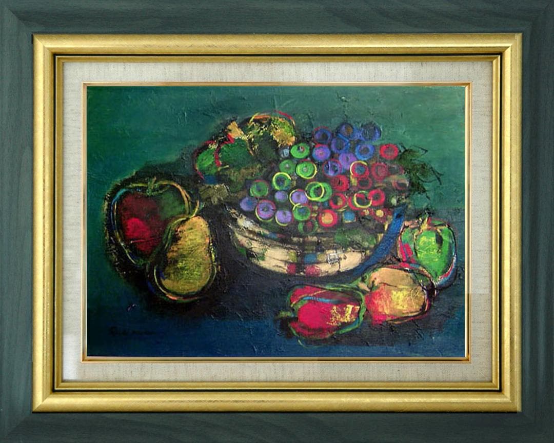 油絵 絵 絵画インテリア 額付(青緑＋金色の枠) uF6-061304 静物果物