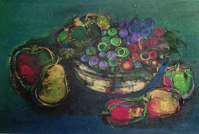 油絵 絵 絵画インテリア 額付(青緑＋金色の枠) uF6-061304 静物果物