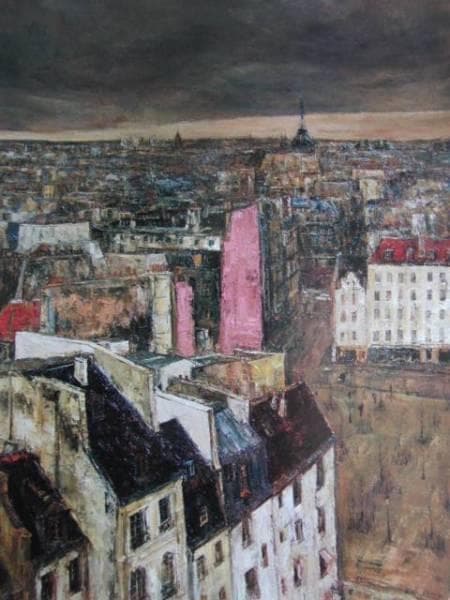 浮田克躬、冬空のパリ、希少画集画、新品額装付、状態良好