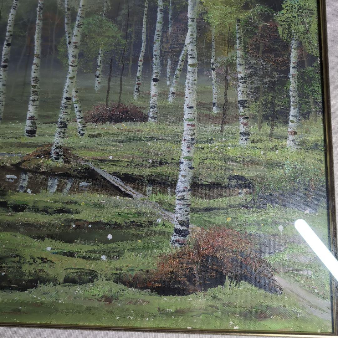 【油彩画】早瀬遼　作　白樺林　肉筆画　F10 新緑美しく春〜夏に運気向上する作