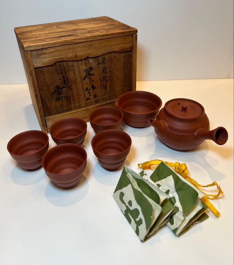 三代目　山田常山 常滑焼 朱泥茶器揃 急須 湯冷 湯呑 5客 人間国宝
