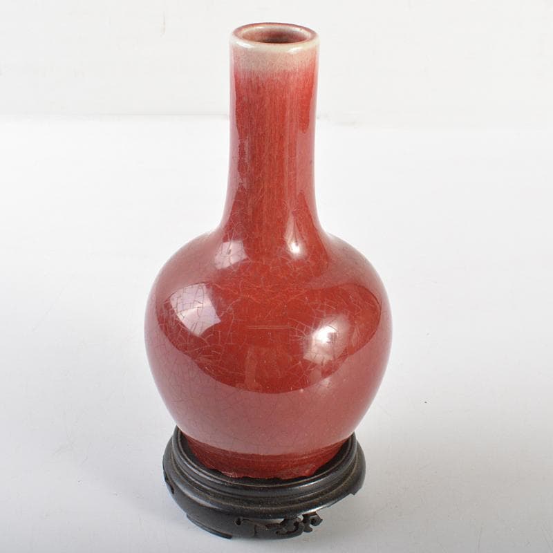 中国　辰砂釉　長顎瓶　唐木台付　D　R6754