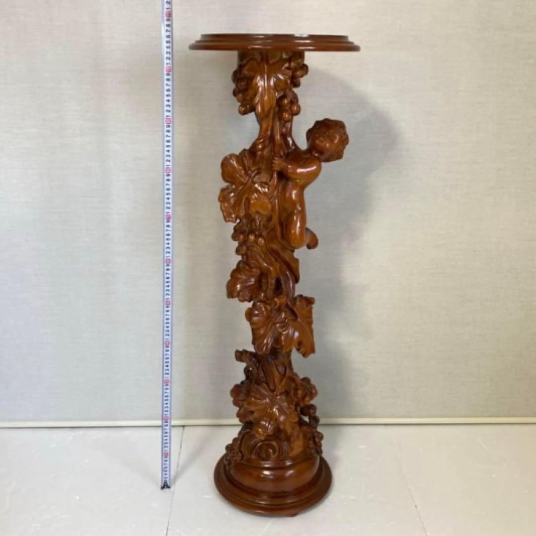 飾り台 花台 スタンド テーブル 大型 木製 木彫り 彫刻 天使 リーフ レトロ