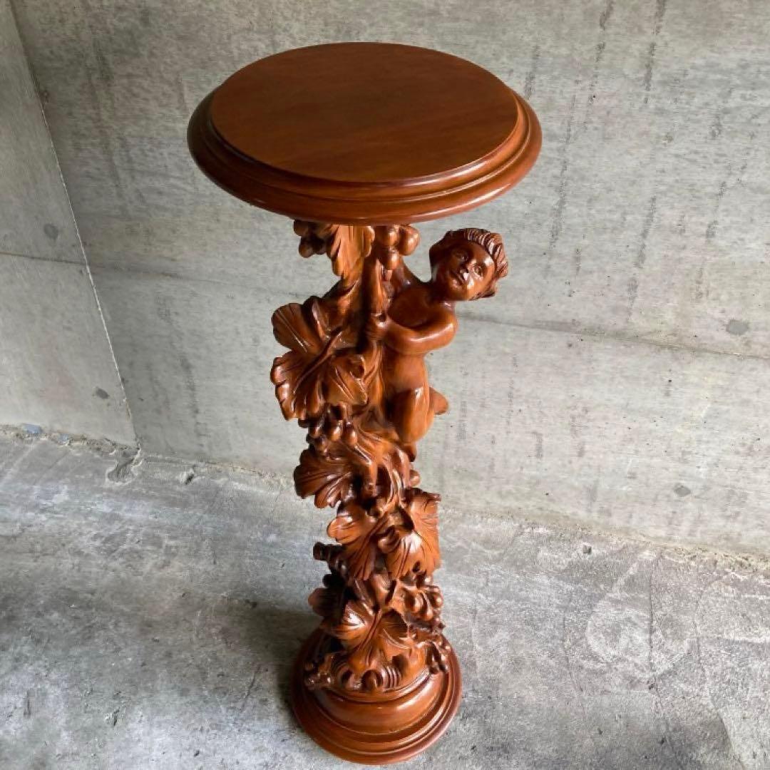 飾り台 花台 スタンド テーブル 大型 木製 木彫り 彫刻 天使 リーフ レトロ