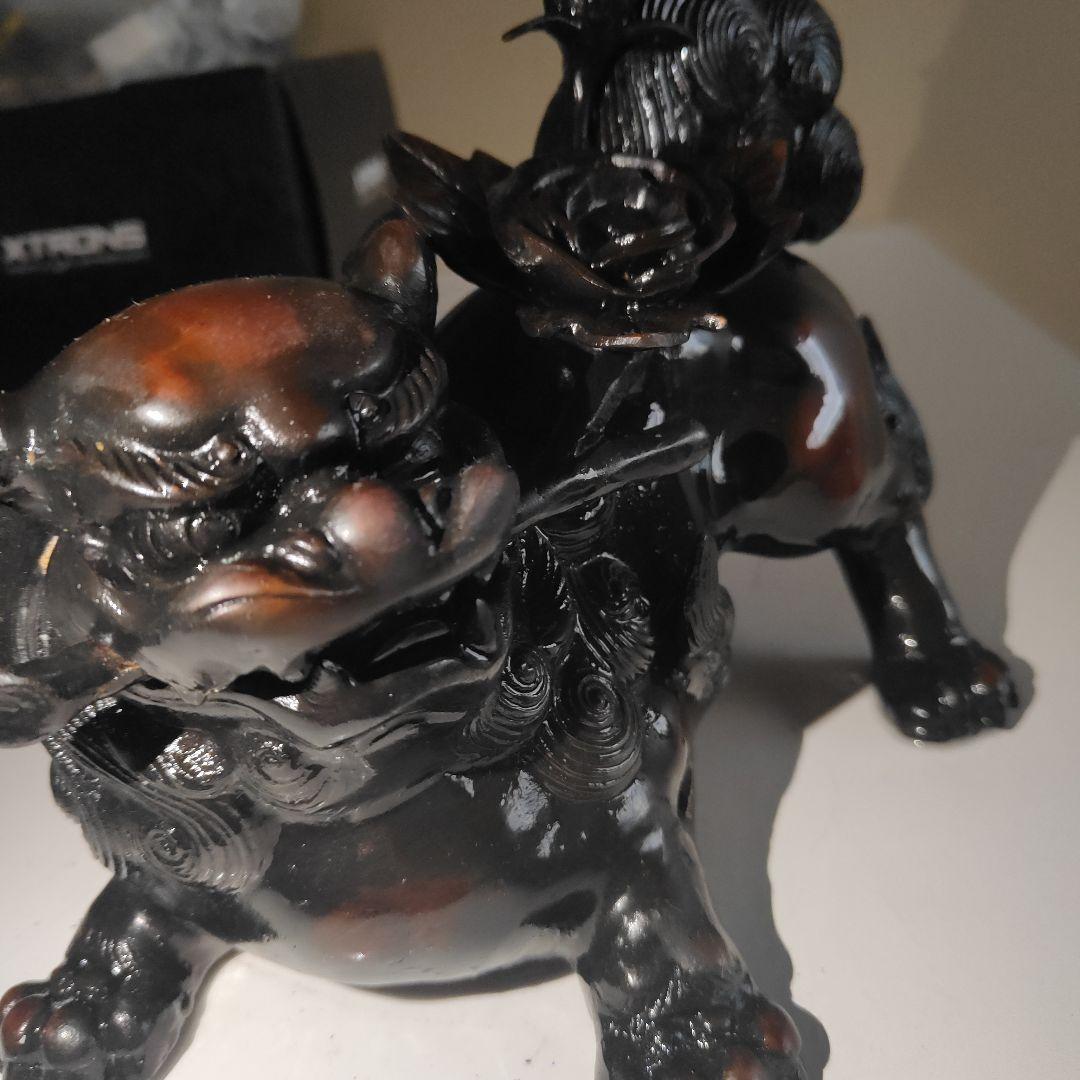 【美品】牡丹獅子 照雲作　青銅製　置物 黒漆調 魔除け 縁起物 彫刻
