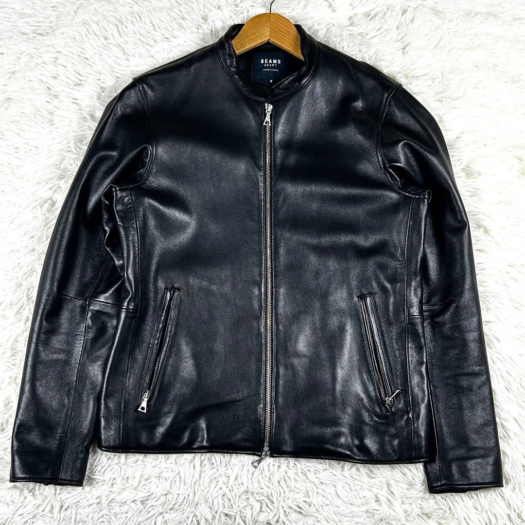 極美品 ビームスハート ダブルジップ シングルライダースジャケット 羊革 黒 秋