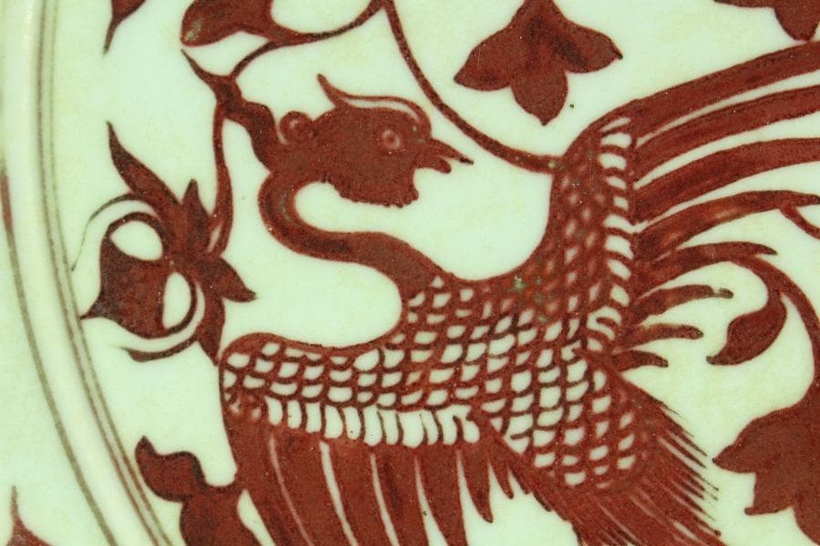 中国美術 釉裏紅 纏枝蓮花鳳紋 折口皿(K-A837)