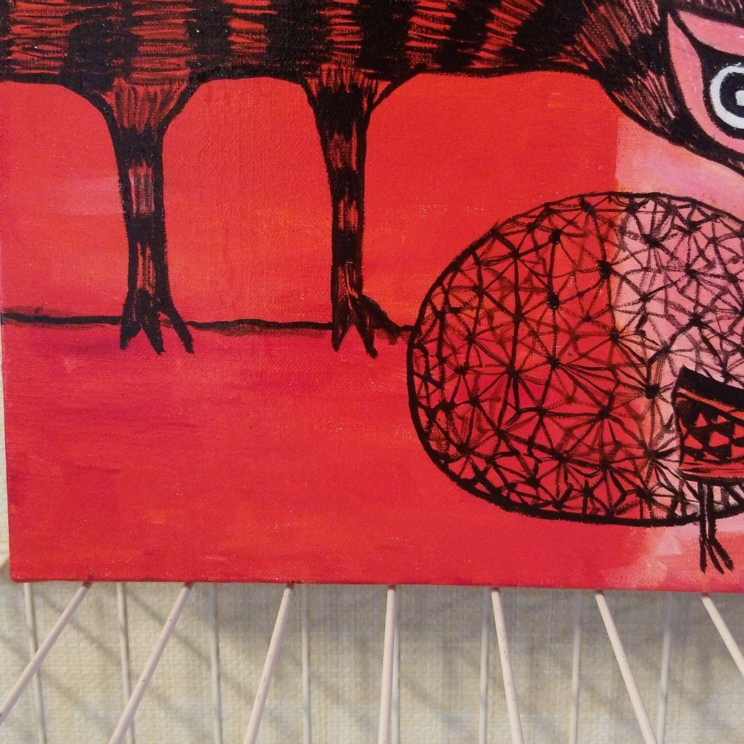 油絵　卵のふ化を見る鳥