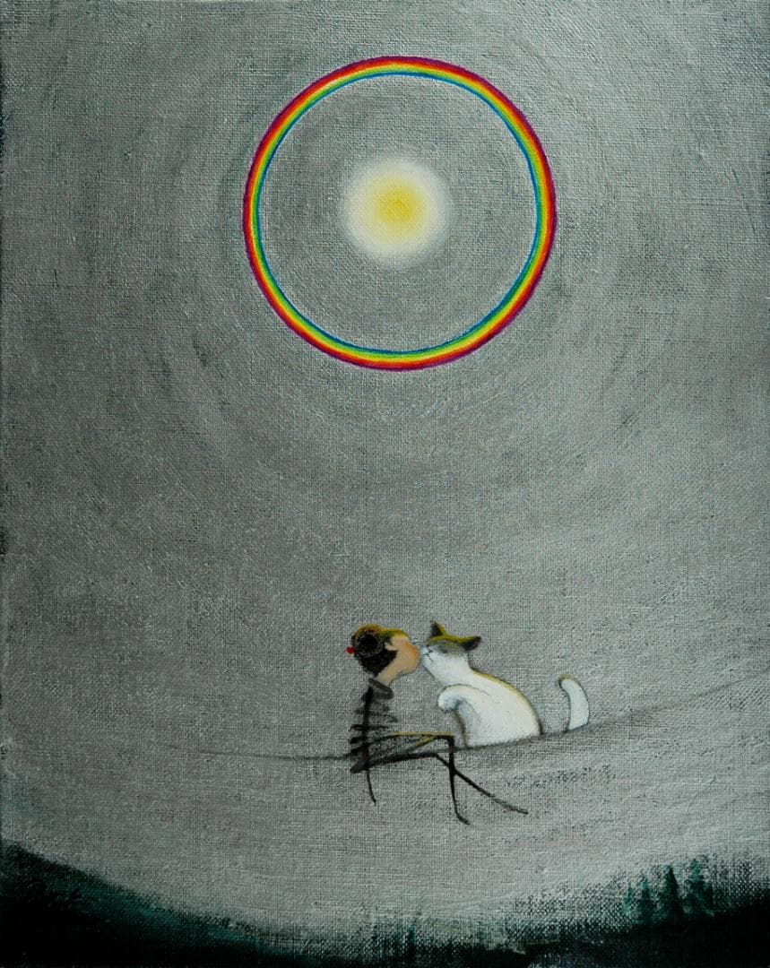 油絵 菅家令子絵 絵画インテリア額付(青緑＋金色の枠)F3-031019猫女の子