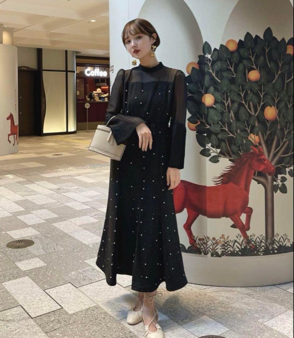 LEJA パールビジュー付き透け感プリーツフレアスリーブビーズマーメイドドレス