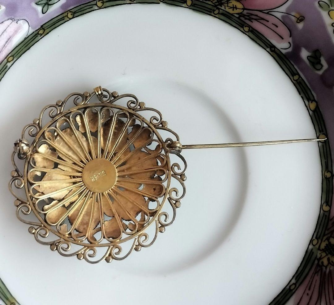 中国七宝 ターコイズ ブルーエナメルフラワーブローチ兼ペンダントトップ 銀線細工