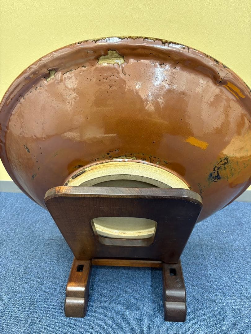 人間国宝　濱田庄司の息子　濵田晋作の大皿　柿釉抜絵皿　益子焼