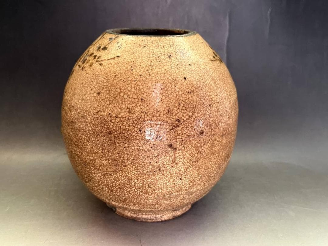 壷■古萩貫入花唐草紋丸壺（江戸期）時代物 古い花瓶 花器 古美術 骨董品■