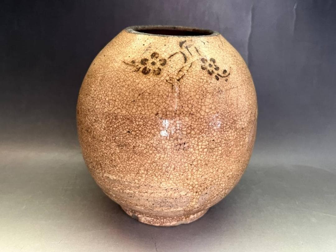 壷■古萩貫入花唐草紋丸壺（江戸期）時代物 古い花瓶 花器 古美術 骨董品■