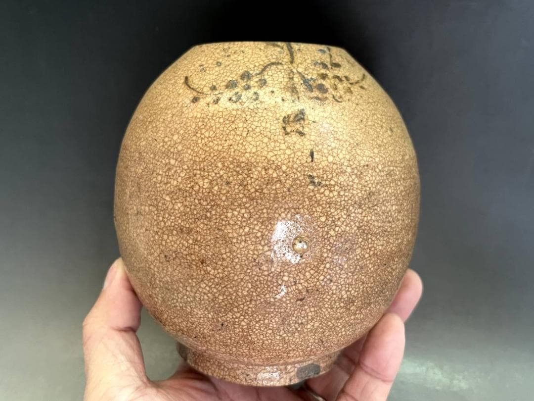 壷■古萩貫入花唐草紋丸壺（江戸期）時代物 古い花瓶 花器 古美術 骨董品■