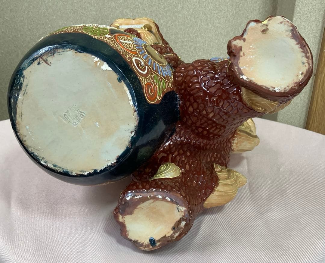 唐獅子 九谷焼 置物 魔除け 狛犬 玉獅子 縁起物 特大　刻印あり 外箱あり