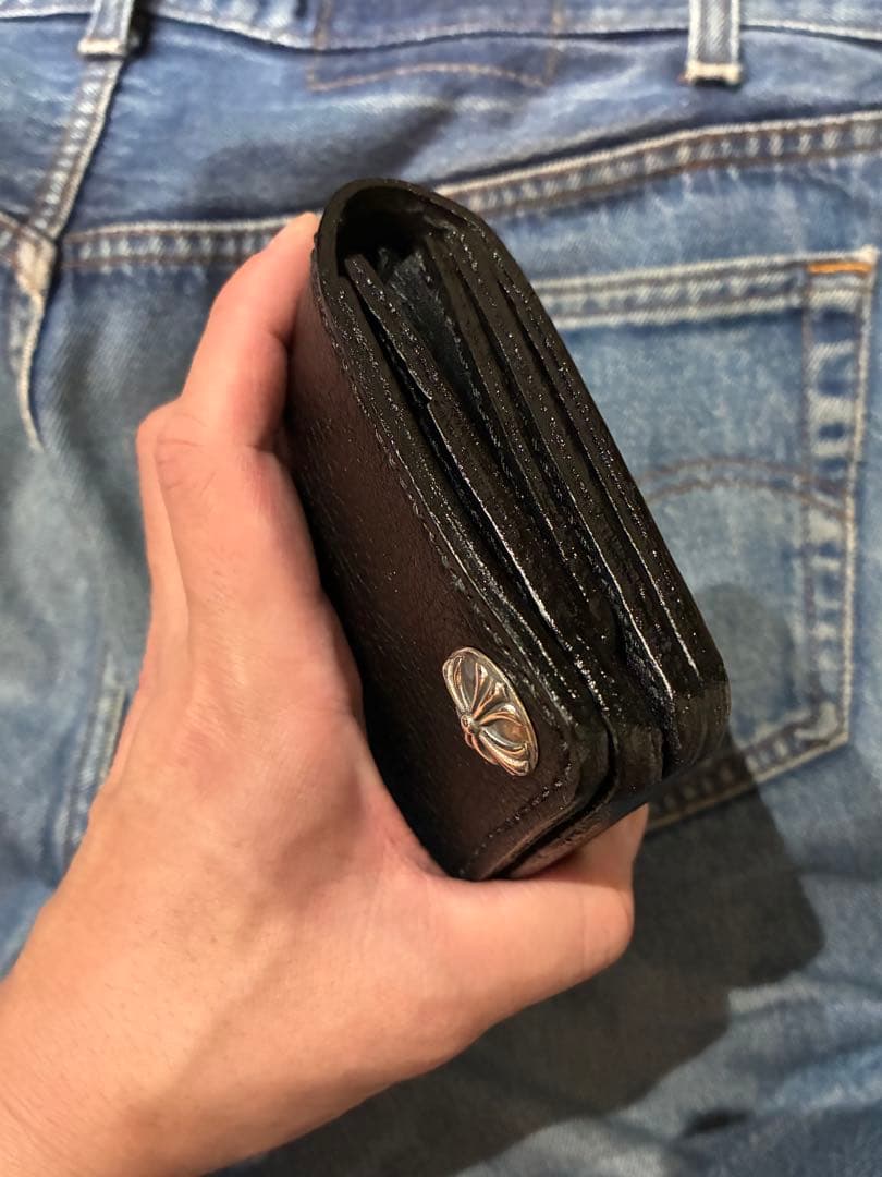 トラッカーウォレット　ミドルサイズ　シボ革　シルバー925クロスボールコンチョ