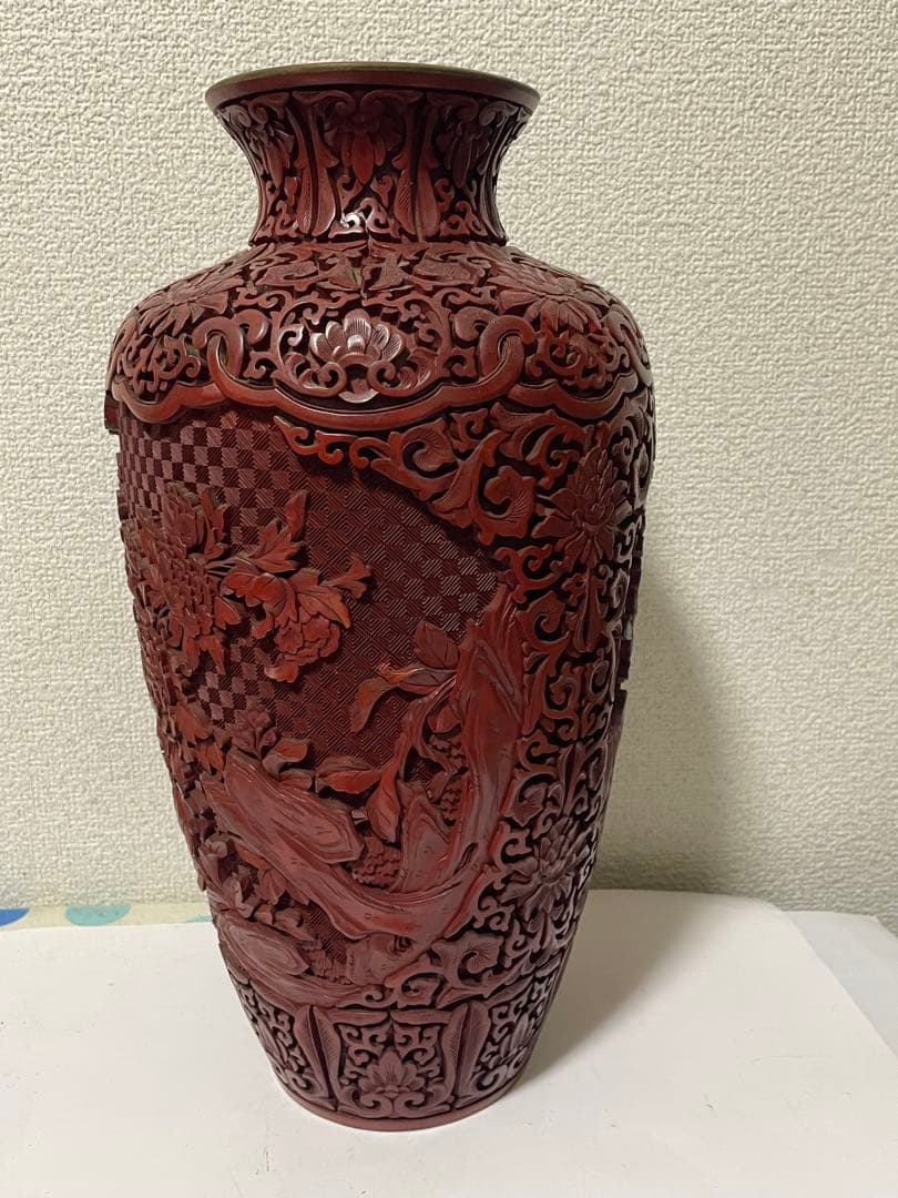 中国美術　堆朱　剔紅花瓶　美品アンティーク　高さ約39㎝