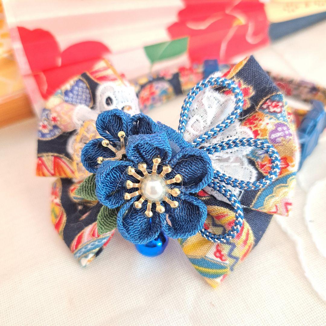 つまみ細工ダブルリボン(青)わんちゃん猫ちゃん用首輪