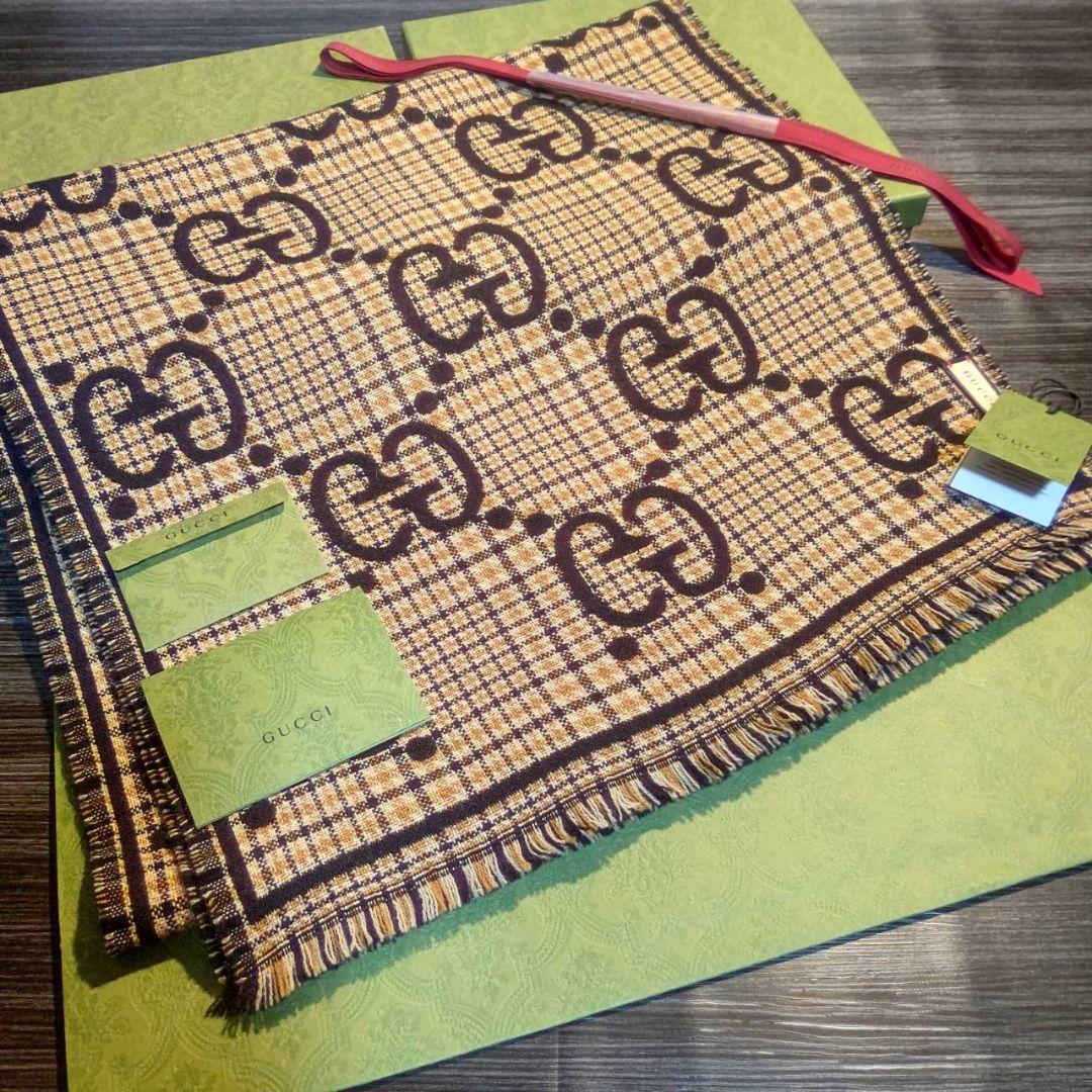 ❤新品箱袋付き❤最高級ウール❤GUCCI ジャカード マフラー❤黒&ブラウン❤