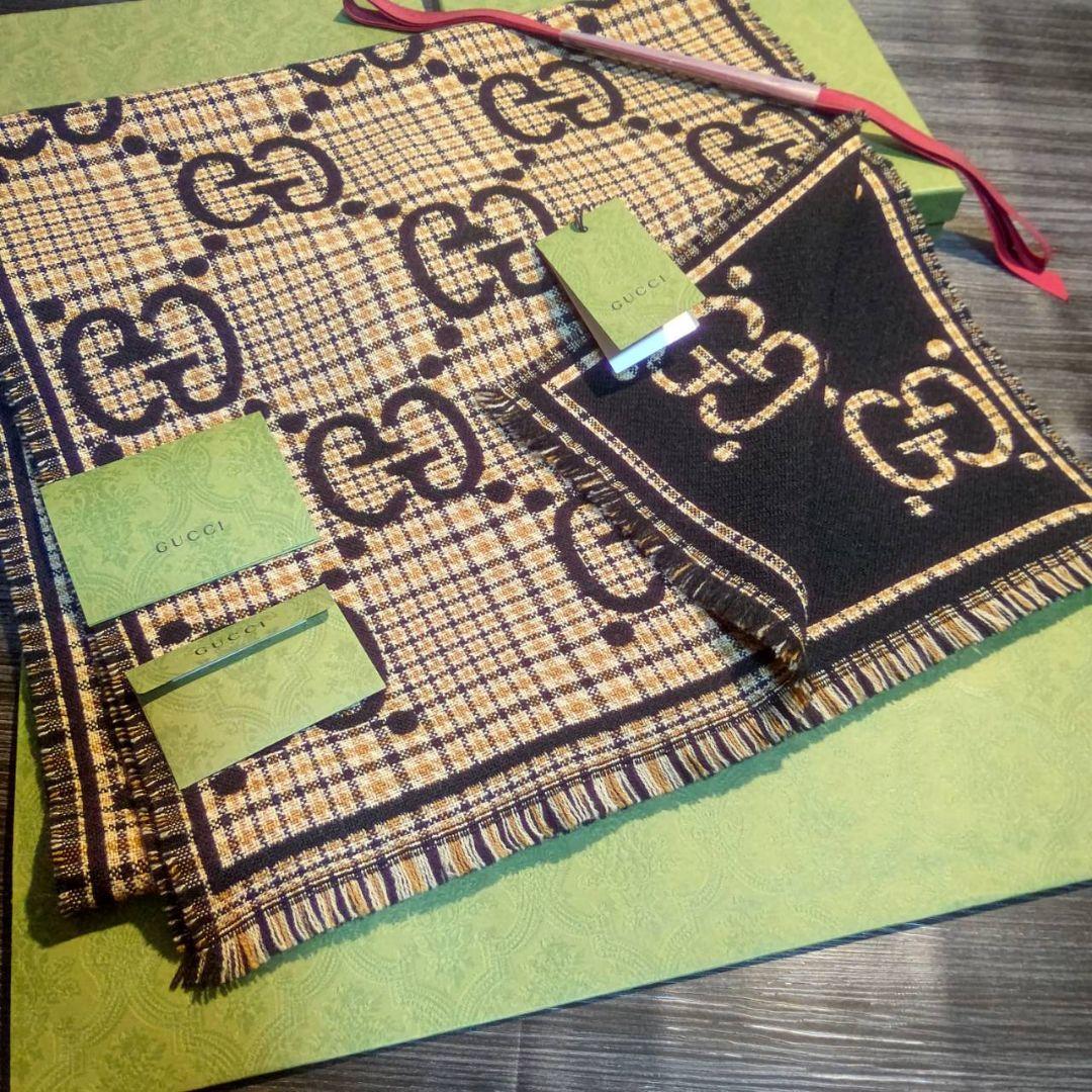 ❤新品箱袋付き❤最高級ウール❤GUCCI ジャカード マフラー❤黒&ブラウン❤