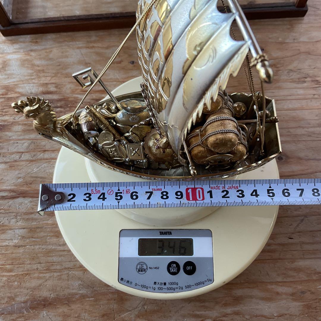 銀製 刻印 宝船 船重量 約346g 置物 ガラスケース付