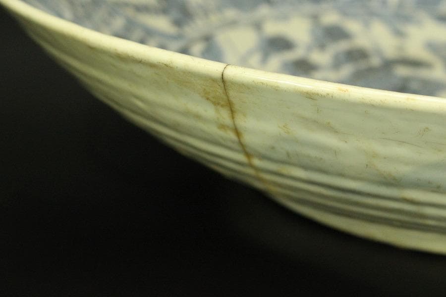 中国美術 青花 呉須 古染付 帆船図 大皿 φ47cm 明 貿易船(LC647)