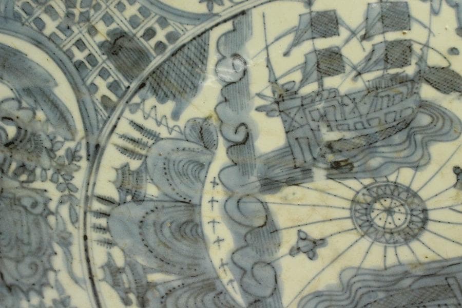 中国美術 青花 呉須 古染付 帆船図 大皿 φ47cm 明 貿易船(LC647)