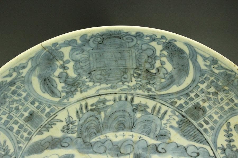 中国美術 青花 呉須 古染付 帆船図 大皿 φ47cm 明 貿易船(LC647)