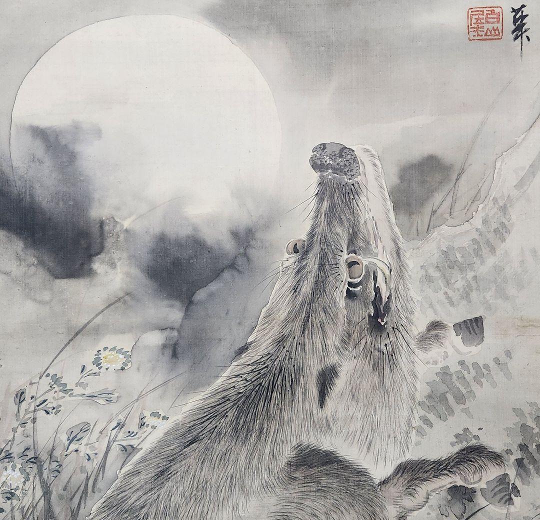 【月下猪図】浅井柳塘 2655 阿波徳島出身 イノシシ 掛け軸　肉筆