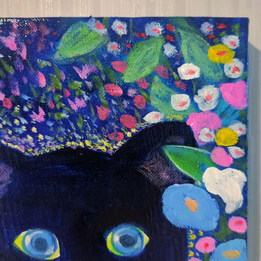 キャンバス油絵　専用   黒猫ガーデン 3　クリムト風フラワーガーデン