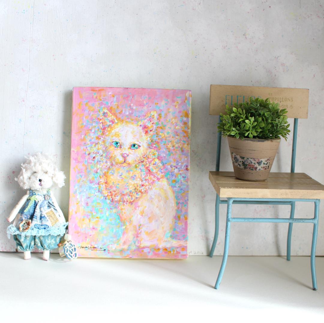 「白猫」アクリル画 原画 SM キャンバス 額なし インテリアアート