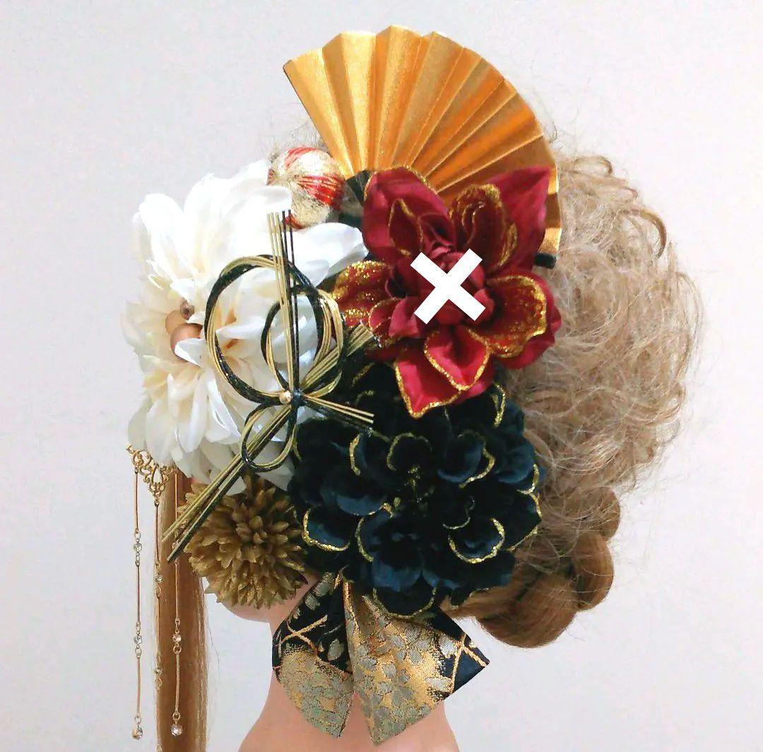 髪飾りViVi～白黒赤金・簪&扇子付き和飾り～成人式 結婚式 花魁 かんざし