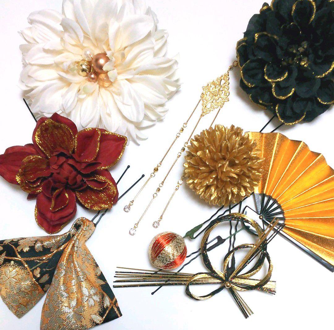 髪飾りViVi～白黒赤金・簪&扇子付き和飾り～成人式 結婚式 花魁 かんざし