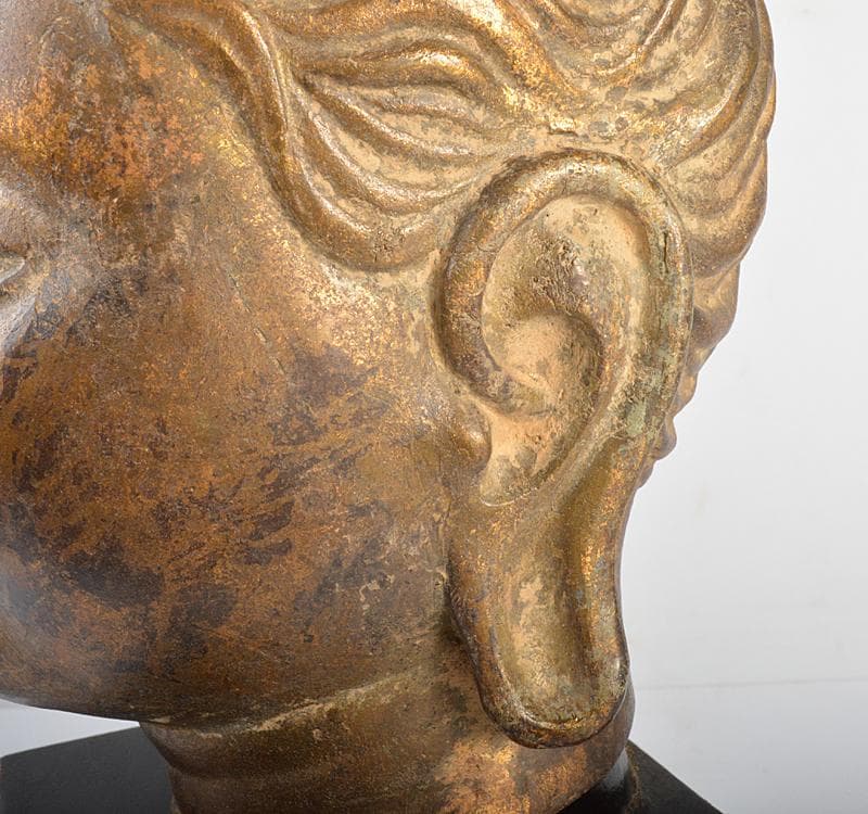 マツ　仏教美術　古銅鍍金　仏頭　仏像　木製台付　D R4397C
