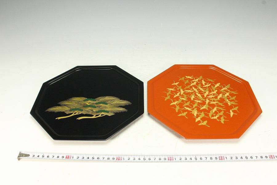 京都 象彦 松蒔絵 鶴蒔絵 菓子盆 一対 未使用(K-A998)