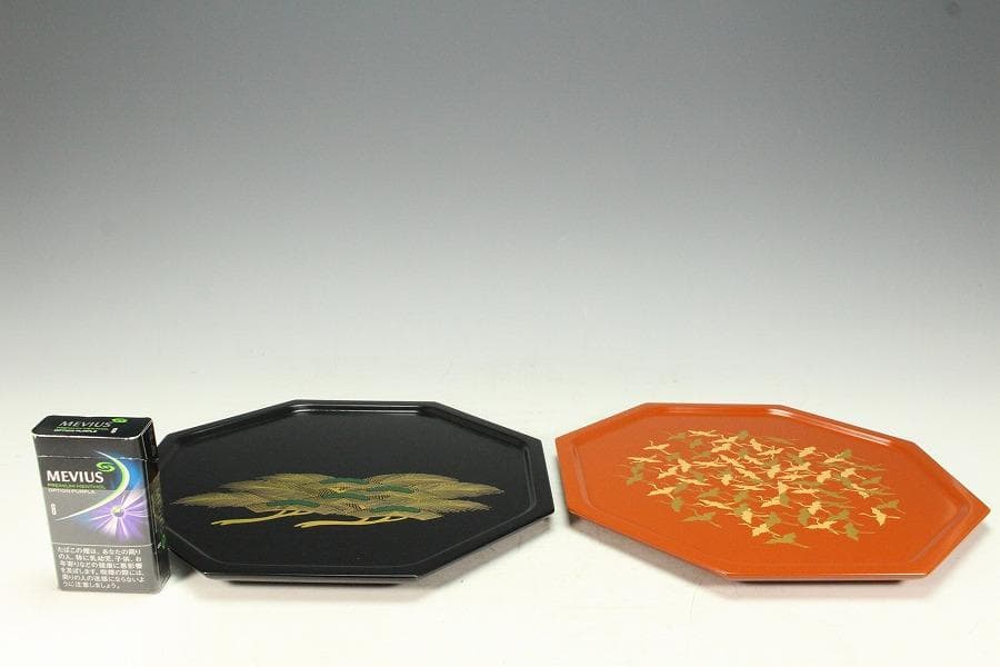 京都 象彦 松蒔絵 鶴蒔絵 菓子盆 一対 未使用(K-A998)