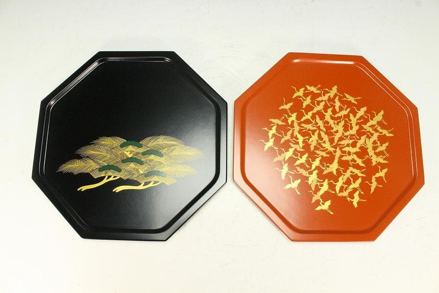 京都 象彦 松蒔絵 鶴蒔絵 菓子盆 一対 未使用(K-A998)