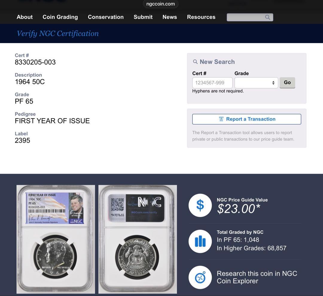 【NGC鑑定】1964年 ケネディ ハーフダラー PF65 銀貨オリジナルラベル