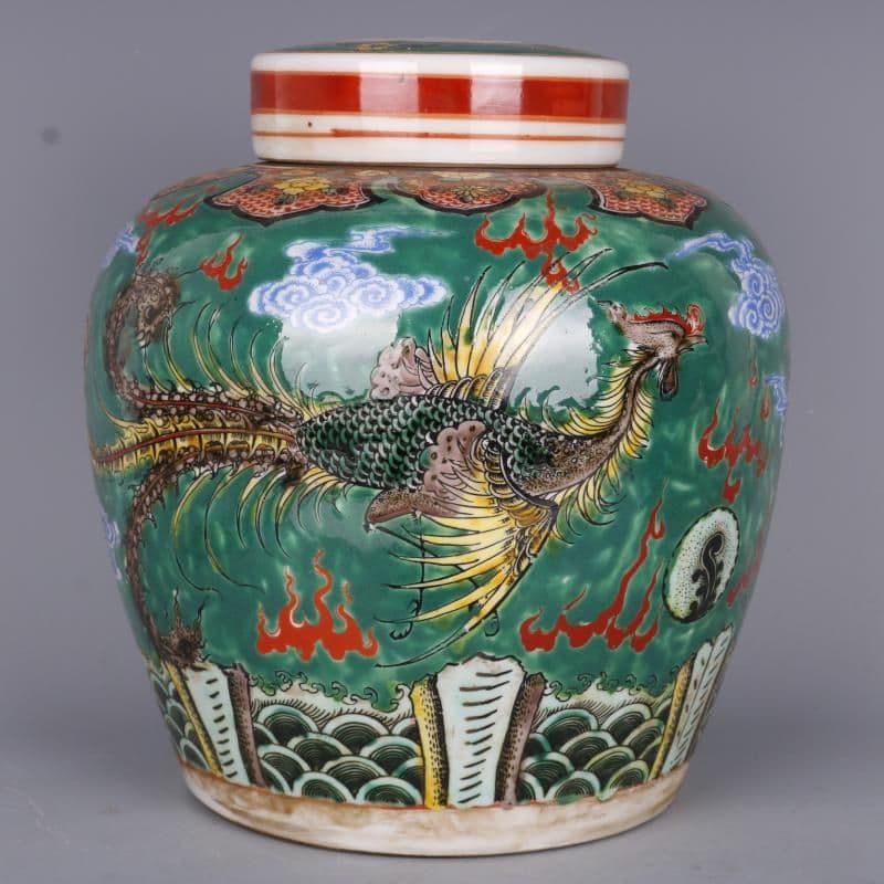 清雍正緑地粉彩龍鳳紋茶蓋缶 景徳鎮 陶磁器 装飾品 現代工芸品 美術品 置物