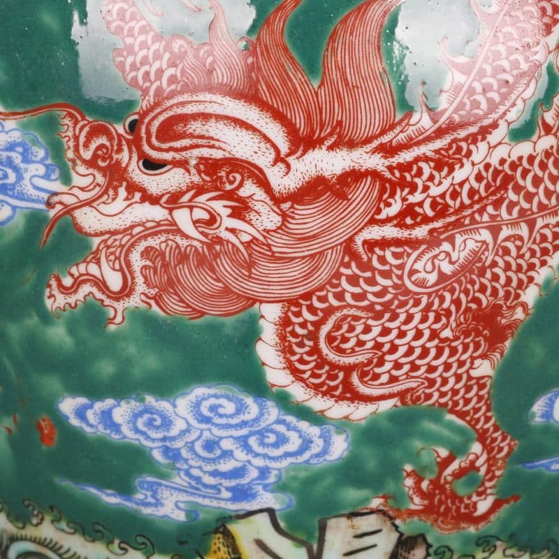 清雍正緑地粉彩龍鳳紋茶蓋缶 景徳鎮 陶磁器 装飾品 現代工芸品 美術品 置物