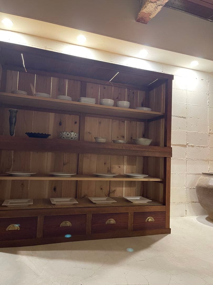 水屋箪笥　稀少　当時物　大型　ガラス棚　食器棚　収納棚　上下分割　什器　古家具