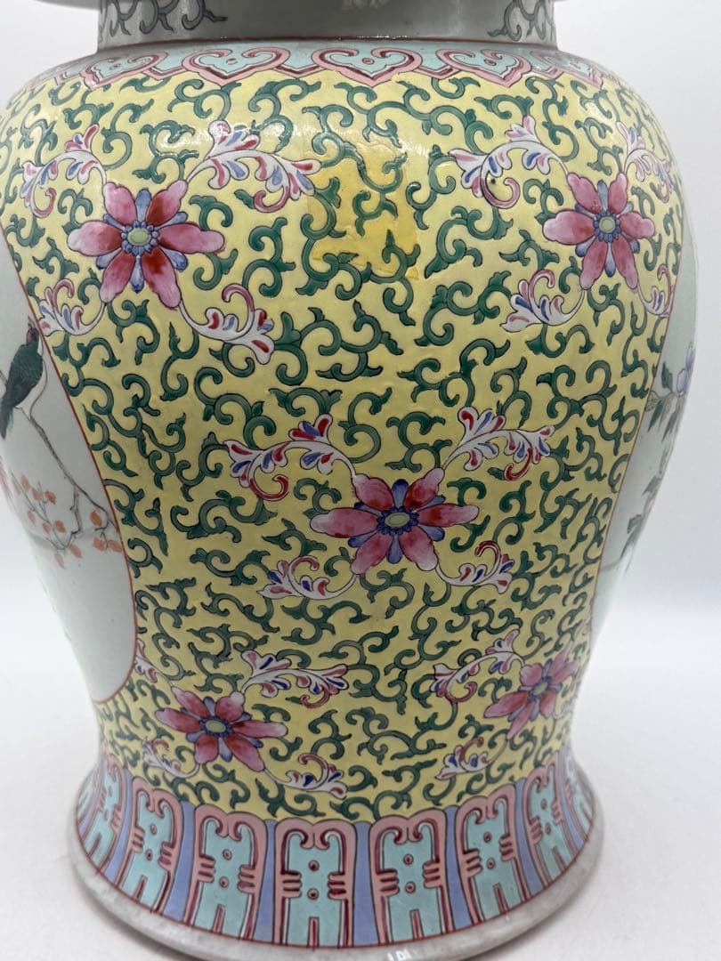 中国　清時代　粉彩　獅子摘み　花鳥紋大壺　送料込み251224