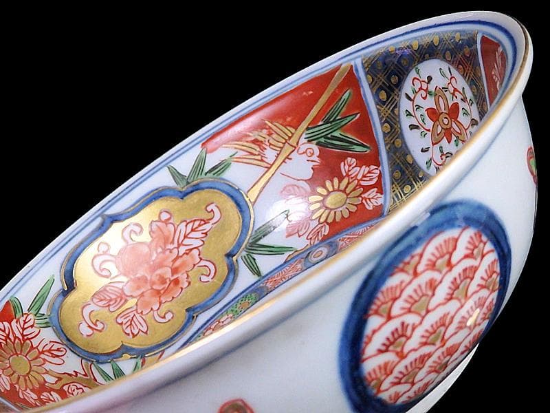 大聖寺伊万里　金襴手　窓絵　花鳥紋の図　春寒鉢　膾皿　C770 AS-fbtx