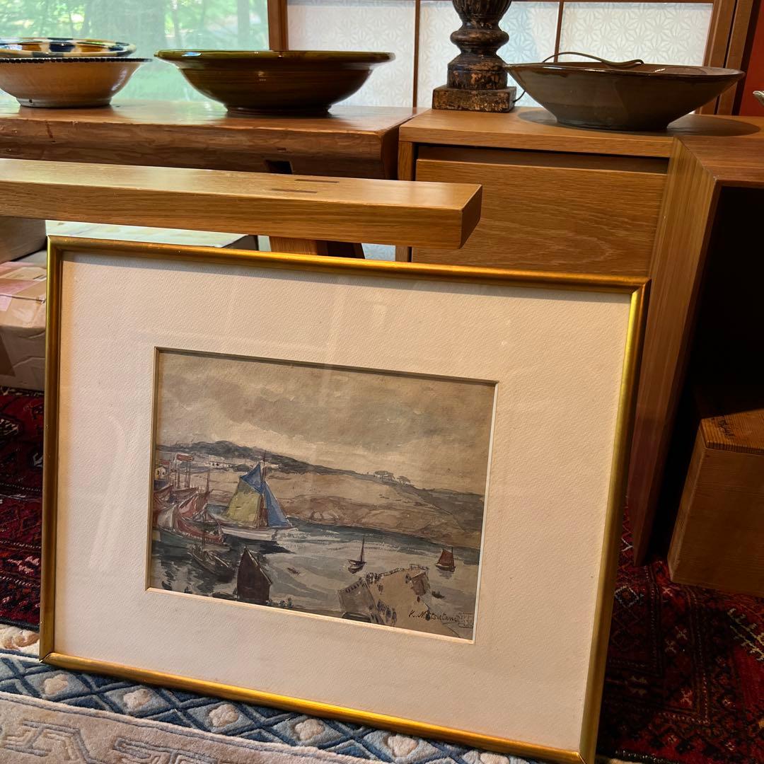 満谷国四郎　 K. Mitsutani 港の風景 水彩画