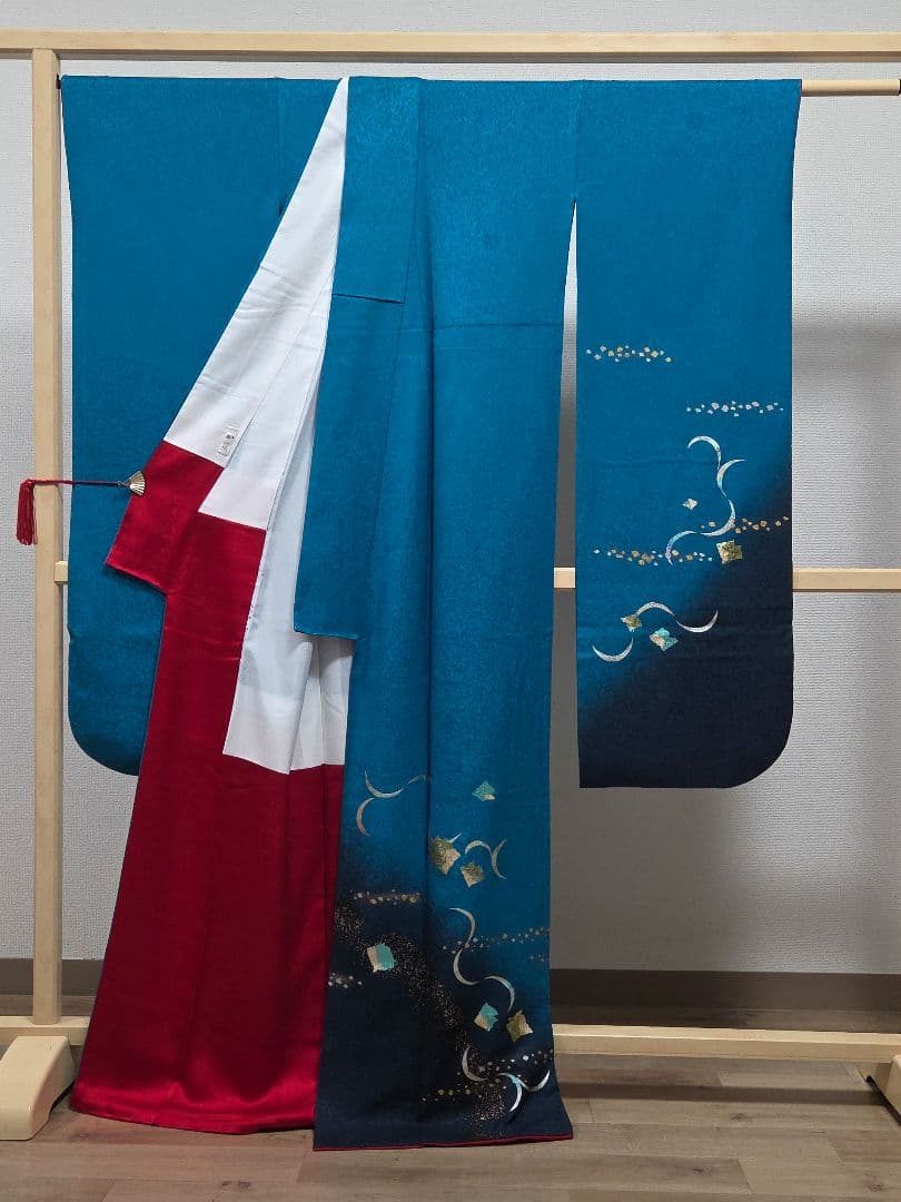 C5◆着物くつろぎ 桜に三日月模様 金銀彩 青緑 袷 正絹 成人式 振袖 着物