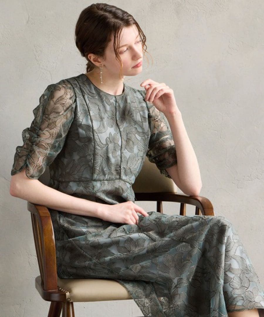 ジェロ　エメ　チュールエンブロイダリーレースパイピングパーティードレス　L