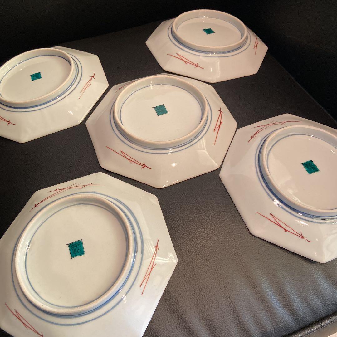 古九谷　花鳥銘々皿　共箱　八角　二重角福　陶光造　5枚揃