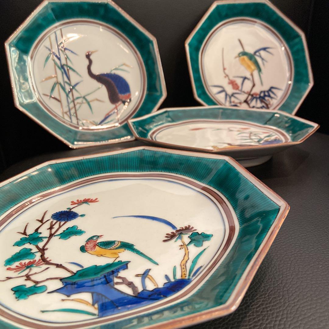 古九谷　花鳥銘々皿　共箱　八角　二重角福　陶光造　5枚揃
